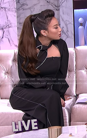 Jeannie’s black tie neck top and wide-leg pants on The Real