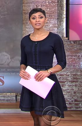 Jericka’s navy geometric print fit and flare dress on CBS This Morning