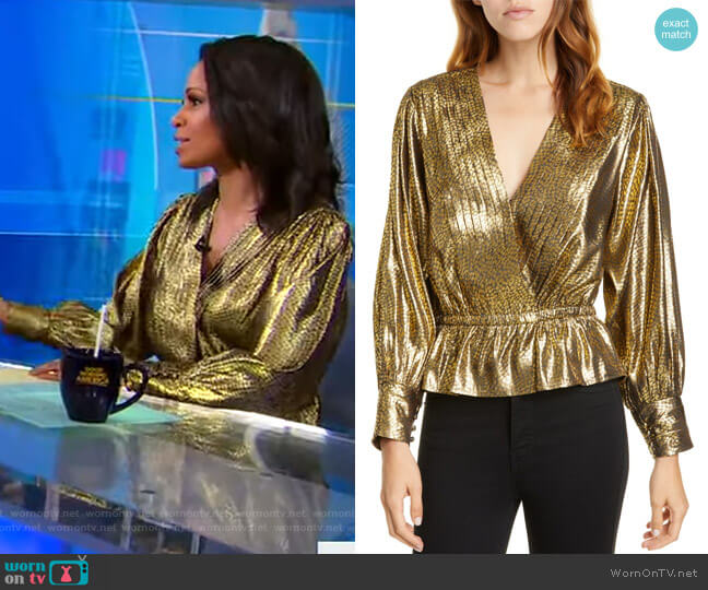 Joie Nadeen Metallic Pleated Faux-Wrap Blouse worn by Adrienne Bankert on Good Morning America