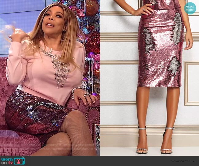 Eva Mendes Collection Kat Pink Sequin Skirt worn by Wendy Williams on The Wendy Williams Show