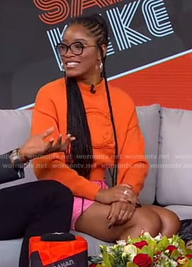 Keke’s orange cropped sweater and pink ruffle skirt on GMA Strahan Sara And Keke