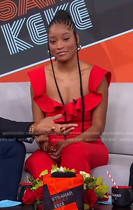 Keke’s red ruffled jumpsuit on GMA Strahan Sara And Keke