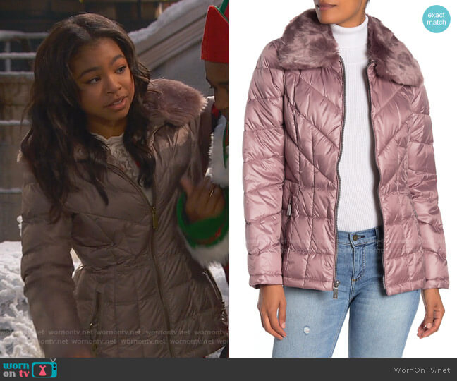 Kenneth Cole New York Faux Fur Collar Zip Front Puffer Jacket worn by Nia Baxter (Navia Robinson) on Ravens Home
