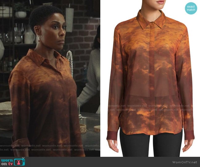 Lafayette 148 New York Zora Sunset Sky Silk Blouse worn by Lynn Stewart (Christine Adams) on Black Lightning