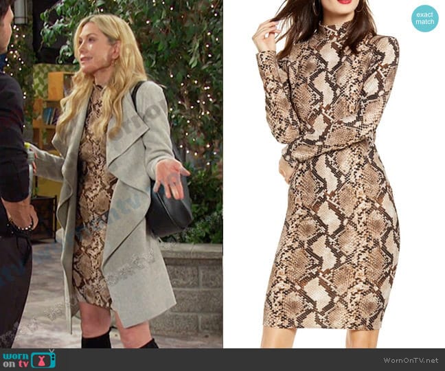 Leith Long Sleeve Body-Con Dress in Tan Taupe Snake Print worn by Kristen DiMera (Stacy Haiduk) on Days of our Lives
