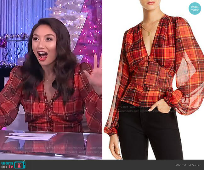 Lini Taylor Balloon-Sleeve Plaid Top worn by Jeannie Mai on The Real