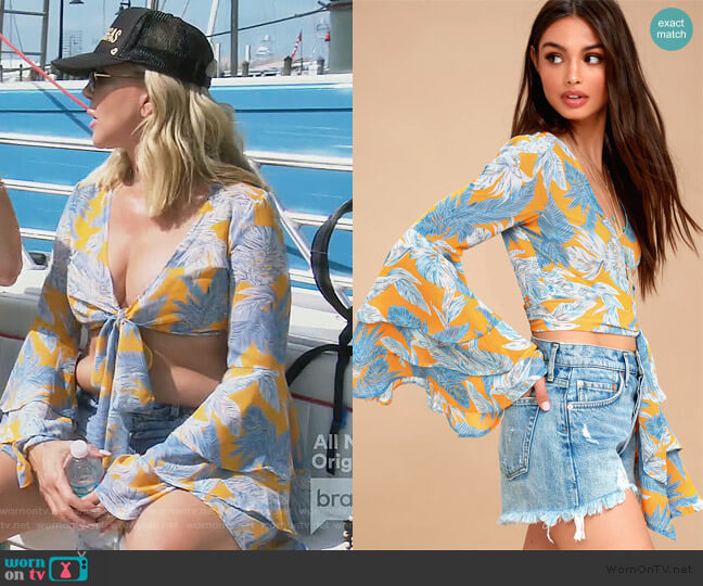 Lulus Cabana Queen Golden Yellow Tropical Print Tie-Front Crop Top worn by Vicki Gunvalson on The Real Housewives of Orange County