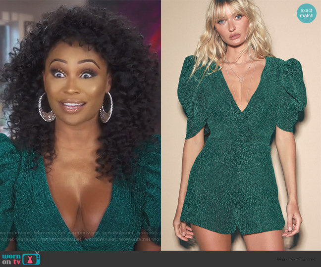 Lulus Evening Out Teal Green Metallic Pleated Romper worn by Cynthia Bailey on The Real Housewives of Atlanta