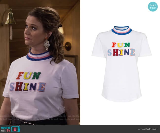 Mira Mikati Funshine Flocked Applique Striped Cotton T-Shirt worn by Kimmy Gibbler (Andrea Barber) on Fuller House