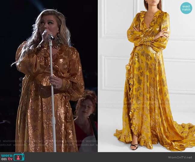 Monique Lhuillier Ruffled Metallic Jacquard Wrap Gown worn by Kelly Clarkson on The Voice