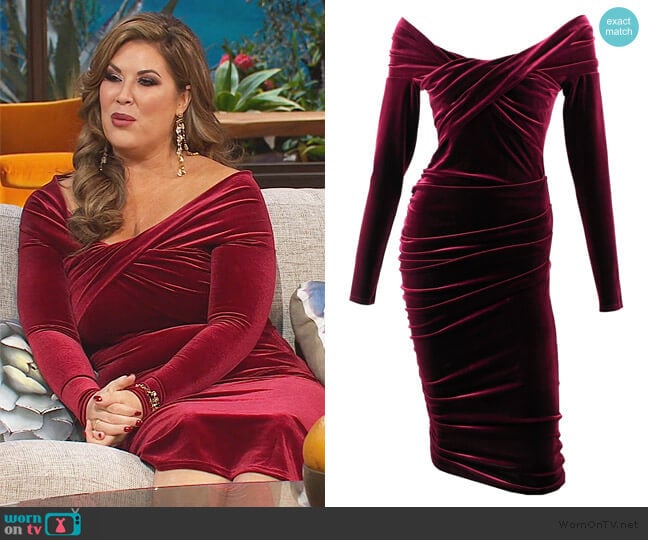 Me & Thee Cliff Hanger Red Wine Velvet Dress worn by Emily Simpson on The Real Housewives of Orange County