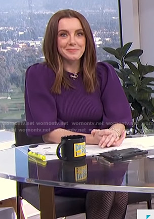 Melanie’s purple puff sleeve ribbed dress on E! News Daily Pop