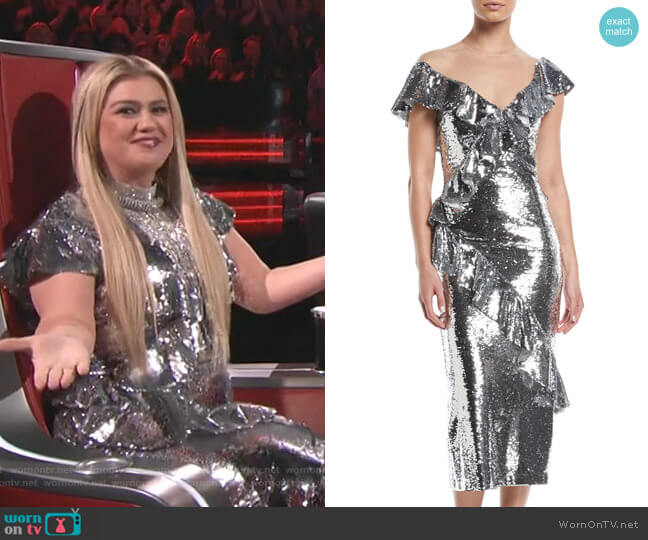 Monique Lhuillier Illusion-Neck Slim Tea-Length Cocktail Dress worn by Kelly Clarkson on The Voice