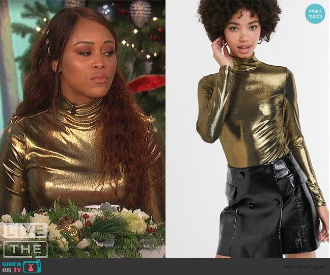 ASOS Monki high neck foile jersey top in gold worn by Eve on The Talk