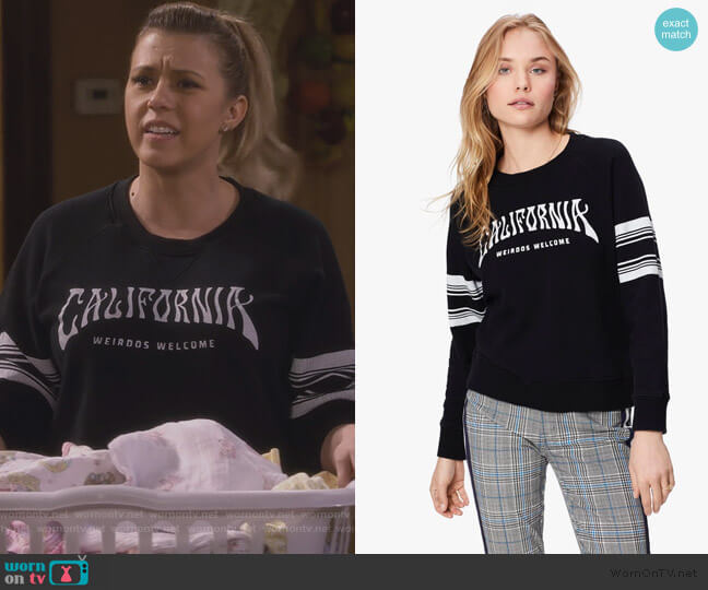 Mother The Square Weirdos Welcome Sweater worn by Stephanie Tanner (Jodie Sweetin) on Fuller House