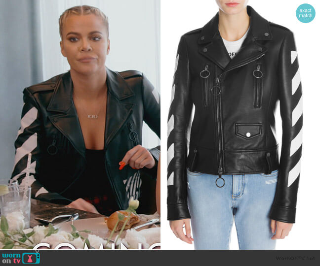Off-White Diag Leather Biker Jacket worn by Khloe Kardashian on Keeping Up with the Kardashians