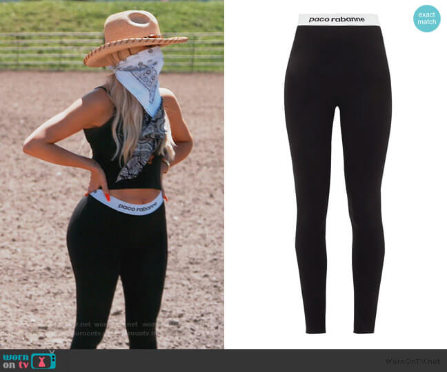 Paco Rabanne Logo-hem jersey stirrup leggings worn by Khloe Kardashian on Keeping Up with the Kardashians