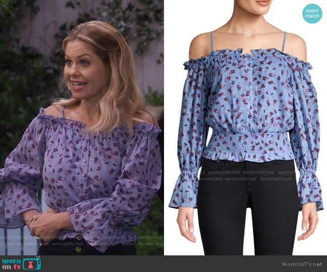 Parker Tori Cold Shoulder Smocked Waist Floral Blouse worn by DJ Tanner-Fuller (Candace Cameron Bure) on Fuller House