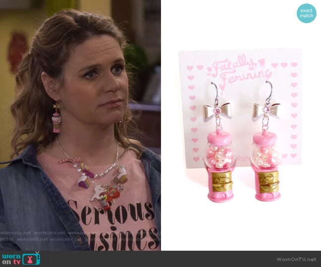 Fatally feminine Designs Gumball Machine Earrings worn by Kimmy Gibbler (Andrea Barber) on Fuller House