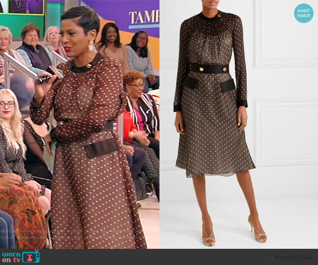 Prada Belted polka-dot chiffon midi dress worn by Tamron Hall on Tamron Hall Show