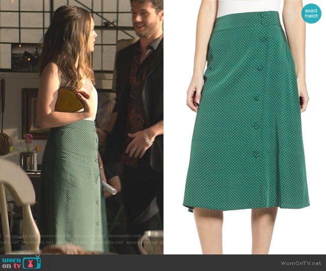 Chelsea28 Print Midi Skirt in Green Eden Dots worn by Love Quinn (Victoria Pedretti) on You