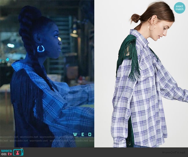PushBUTTON Plaid Button Down Shirt with Fringe Back worn by Anissa Pierce (Nafessa Williams) on Black Lightning