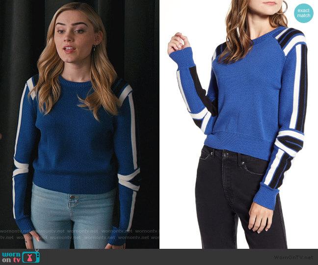 Rebecca Minkoff Stripe Detail Cotton Blend Sweater worn by Taylor Otto (Meg Donnelly) on American Housewife