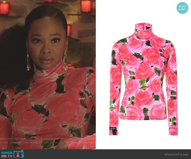 Richard Quinn Rose Garden Floral-Print Stretch-Knit Turtleneck Top worn by Monica Colby (Wakeema Hollis) on Dynasty
