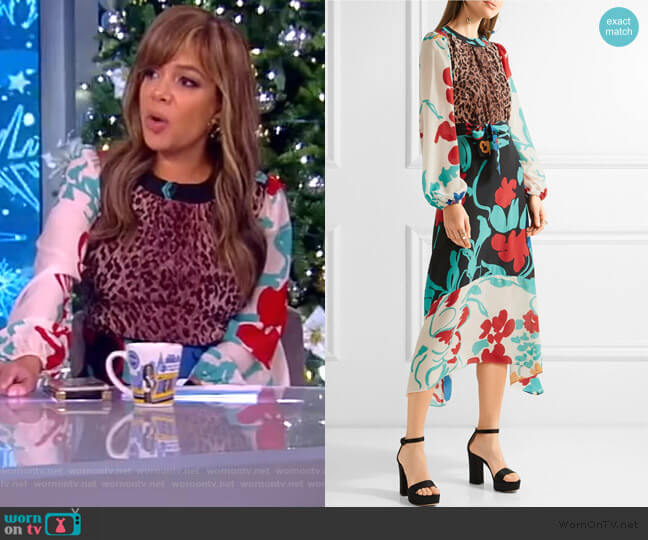 Rixo Penelope printed silk midi dress worn by Sunny Hostin on The View