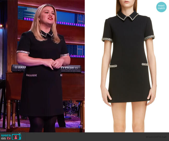 Saint Laurent Crystal Trim Wool Shift Dress worn by Kelly Clarkson on The Kelly Clarkson Show