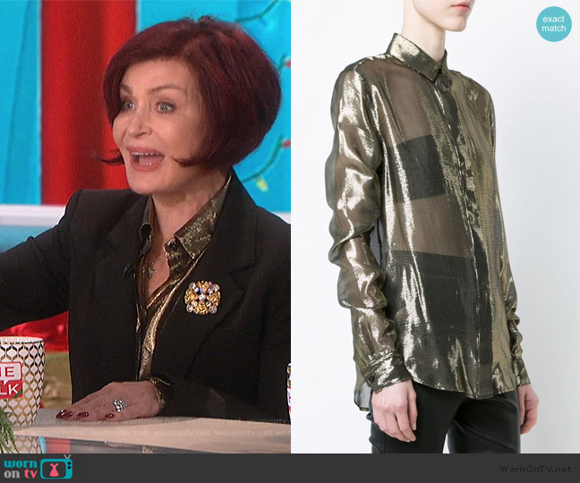 Saint Laurent Sheer Metallic Blouse worn by Sharon Osbourne on The Talk
