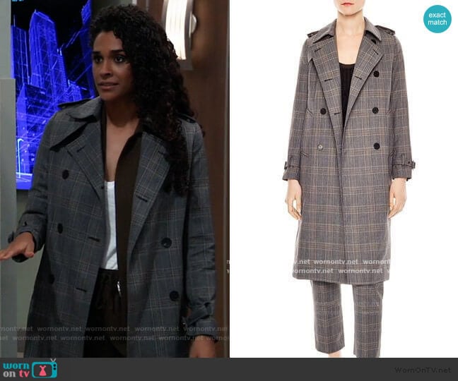 Sandro Roselier Plaid Trench Coat worn by Jordan Ashford (Briana Nicole Henry) on General Hospital