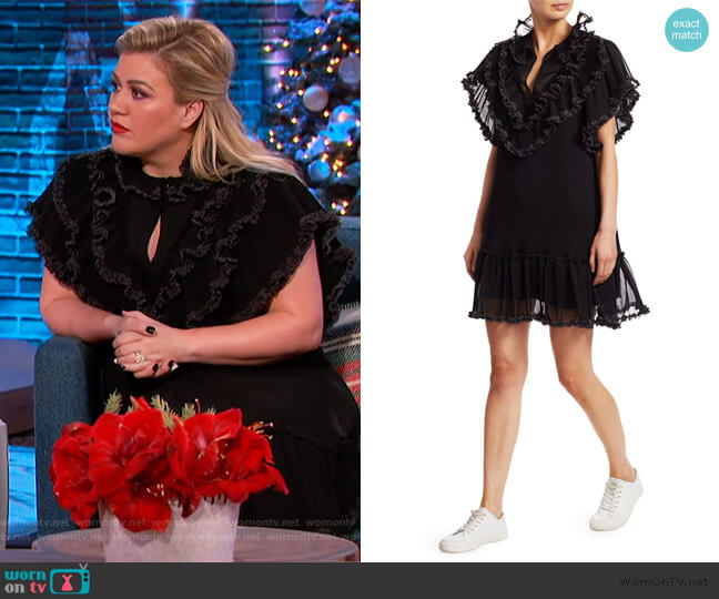 See by Chloe Polka Dot Ruffle Plissé Georgette Shift Dress worn by Kelly Clarkson on The Kelly Clarkson Show