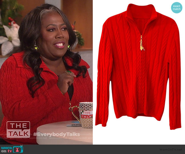 St. John Red Cable Knit Cashmere Charm Zipper Cardigan worn by Sheryl Underwood on The Talk