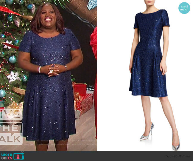 St. John Collection Sparkle Sequin Bateau-Neck Pleated Cocktail Dress worn by Sheryl Underwood on The Talk