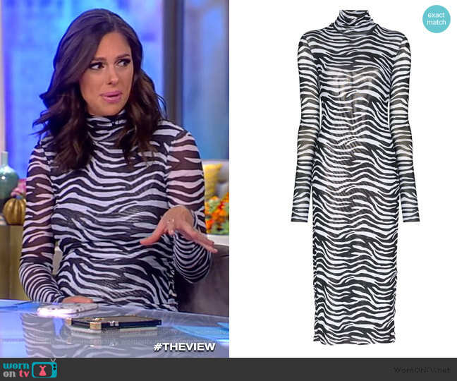 Staud Zebra-print metallic-lined mesh midi dress worn by Abby Huntsman on The View