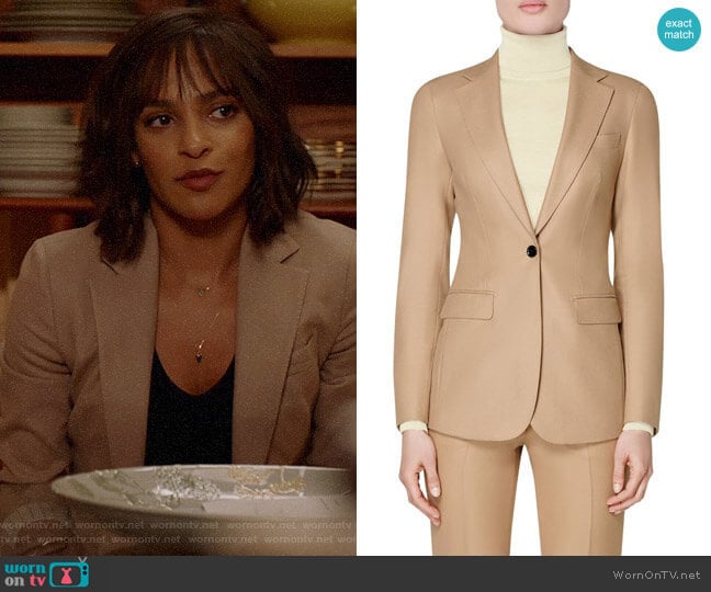 Suistudio Cameron Single Breasted Wool Blazer in Camel worn by Edie Palmer (Megalyn Echikunwoke) on Almost Family