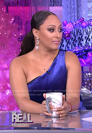 Tamera’s blue velvet one-shoulder dress on The Real