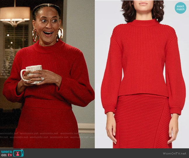 Tibi Merino Rib Sweater Slit Neck Pullover worn by Rainbow Johnson (Tracee Ellis Ross) on Black-ish