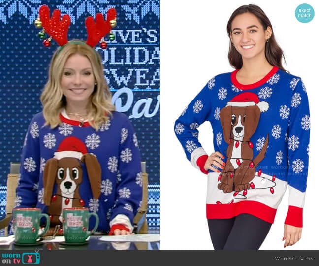 Ugly Christmas Sweater Flappy Dog Animated Puppy Ears Ugly Christmas Sweater worn by Kelly Ripa on Live with Kelly and Mark