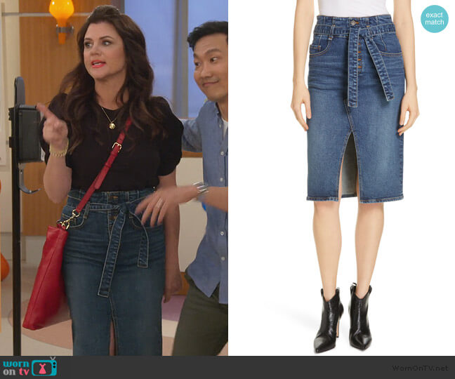 Veronica Beard Denton High Waist Denim Skirt worn by Lori Mendoza (Tiffani Thiessen) on Alexa & Katie