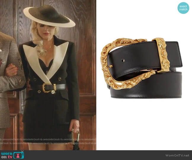 Versace 40mm Leather Belt with Gold Buckle worn by Alexis Carrington (Elaine Hendrix) on Dynasty