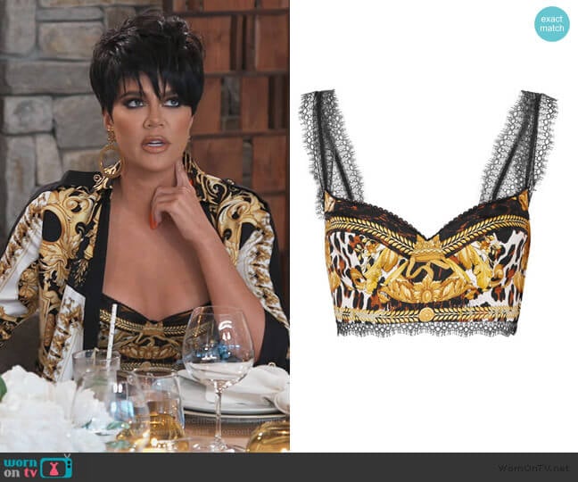 Versace Lace-trimmed printed silk bra top worn by Khloe Kardashian on Keeping Up with the Kardashians