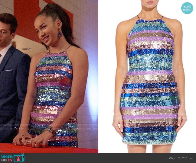Aidan Mattox Sequin Stripe Halter Neck Mini Sheath Dress worn by Gina (Sofia Wylie) on High School Musical The Musical The Series