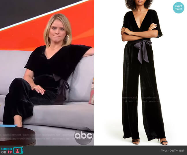 Alice + Olivia Breanna Faux Wrap Front Velvet Jumpsuit worn by Sara Haines on Good Morning America