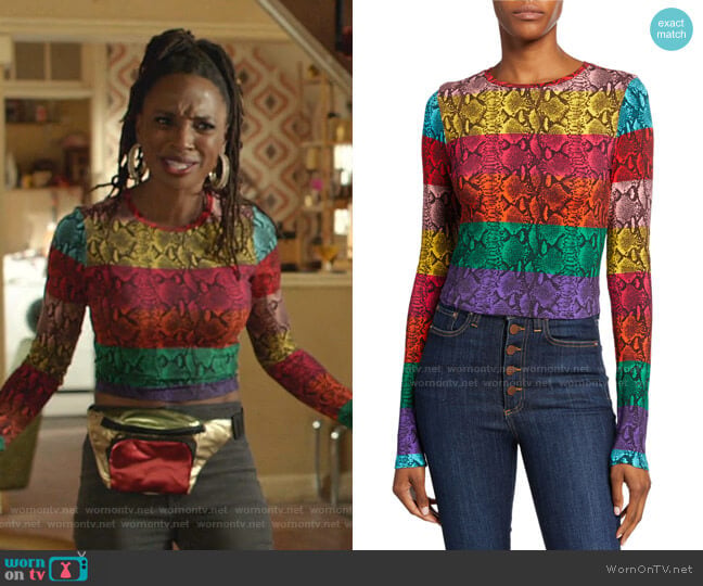 Alice + Olivia Delaina Stripe Reptile Print Crop Top worn by Veronica Fisher (Shanola Hampton) on Shameless