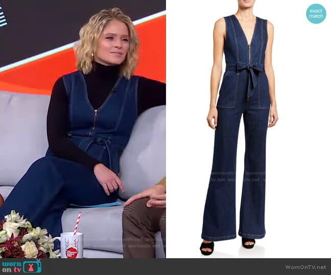 Alice + Olivia Gorgeous V-Neck Denim Jumpsuit worn by Sara Haines on Good Morning America