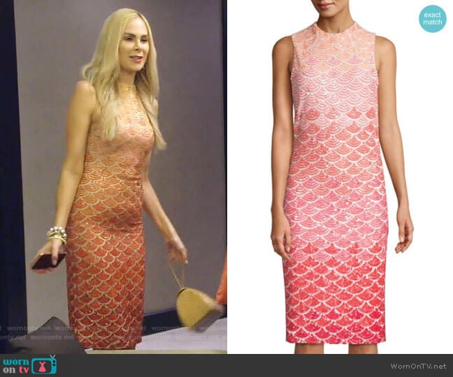 Alice + Olivia Rosalee Embellished Sequin Sheath Dress worn by Kameron Westcott on The Real Housewives of Dallas