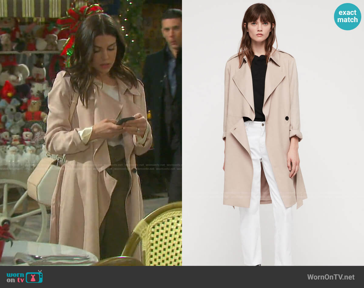 All Saints Bexley Trench Coat in Quartz Pink worn by Abigail Deveraux (Kate Mansi) on Days of our Lives