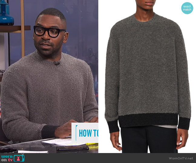 All Saints Tremett Boucle Sweater worn by Justin Sylvester on E! News